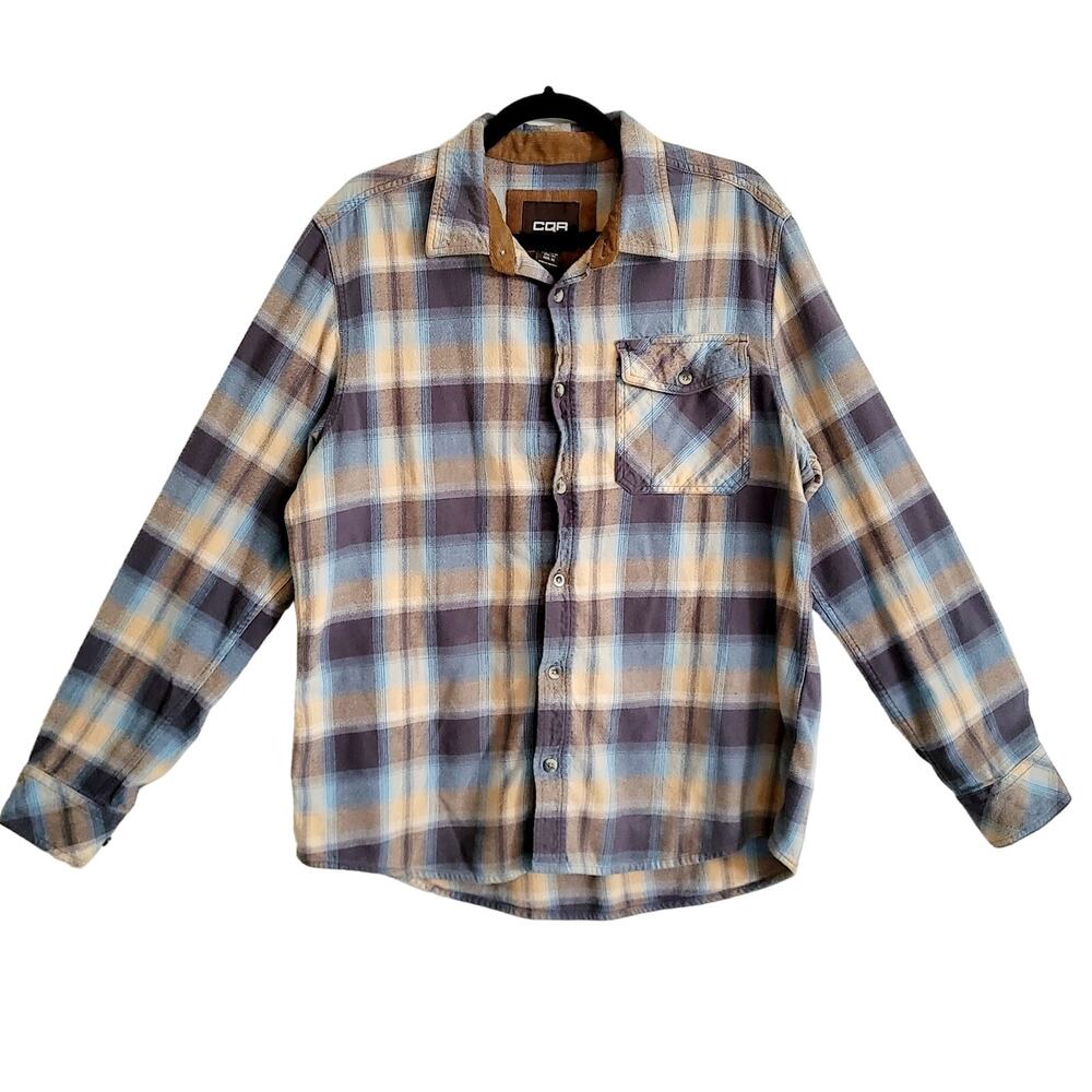 CQR Beige Gray & Blue Plaid Flannel Thick 100% Cotton Button-Up Shirt Men's L